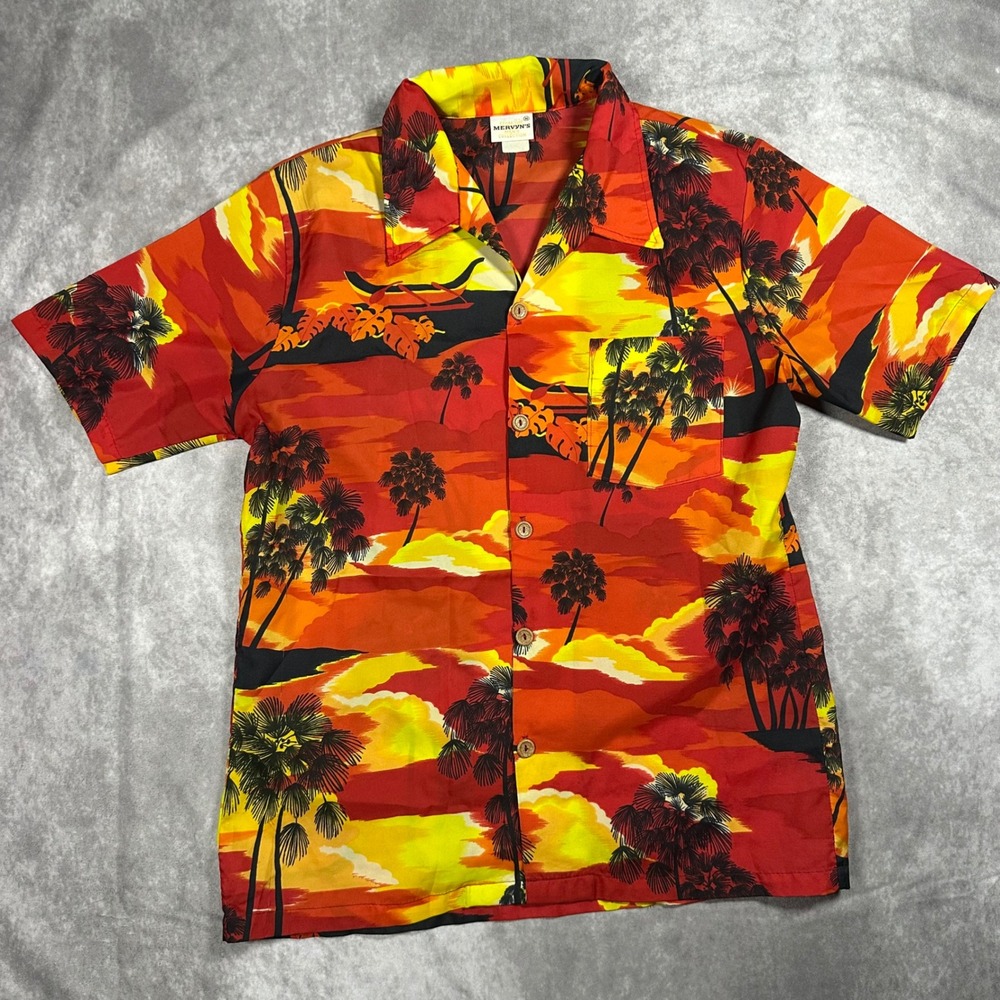 Vintage Mervyns Hawaiian Shirt Mens Medium Red Orange Tropical Sunset Palm Tree